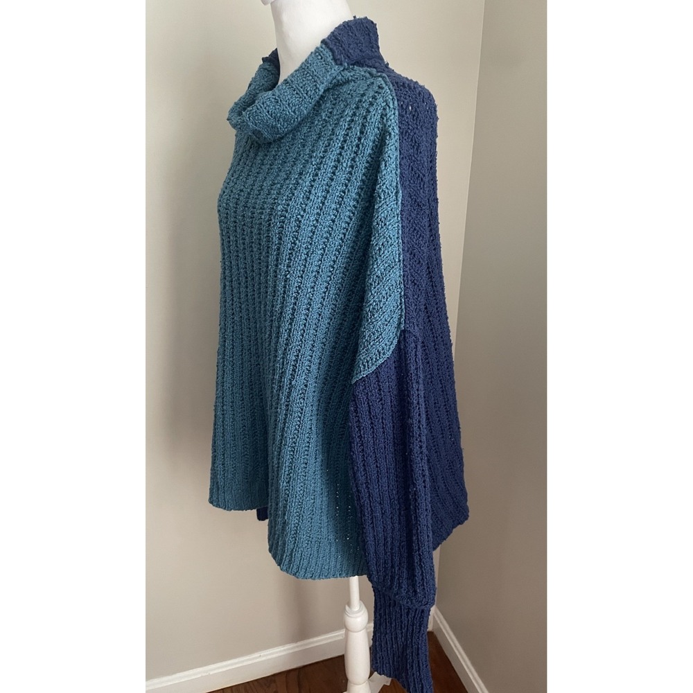 Free People Sweater Women L Ella Tunic Oversized Slouchy Blue Organic Colorblock